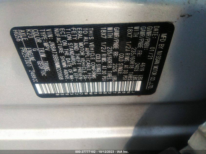 VIN JN8AT3BB8MW223938 2021 NISSAN ROGUE SV