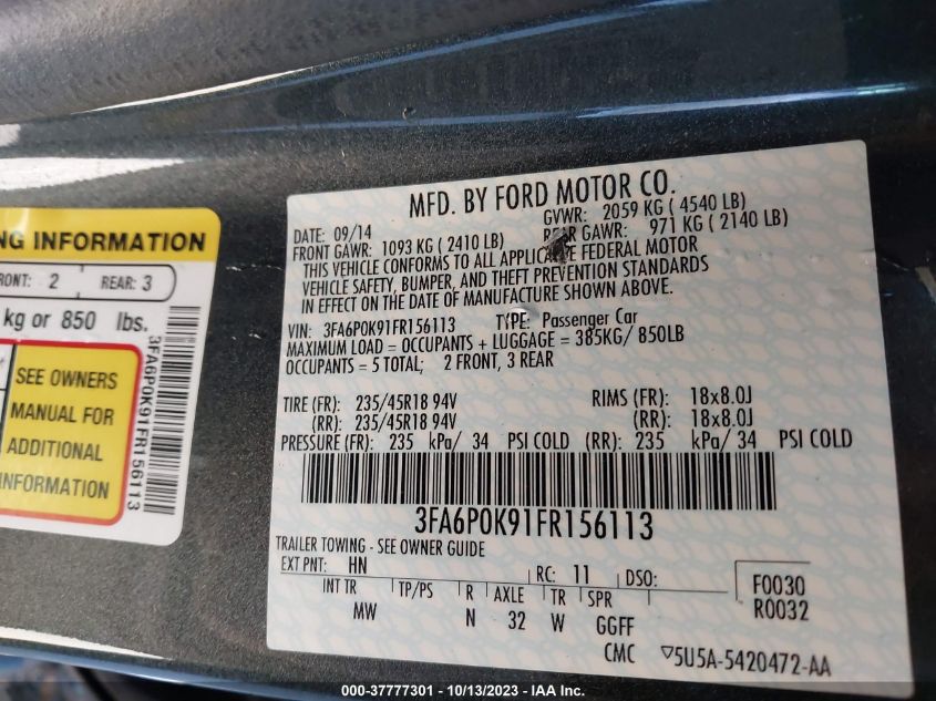 2015 FORD FUSION TITANIUM - 3FA6P0K91FR156113