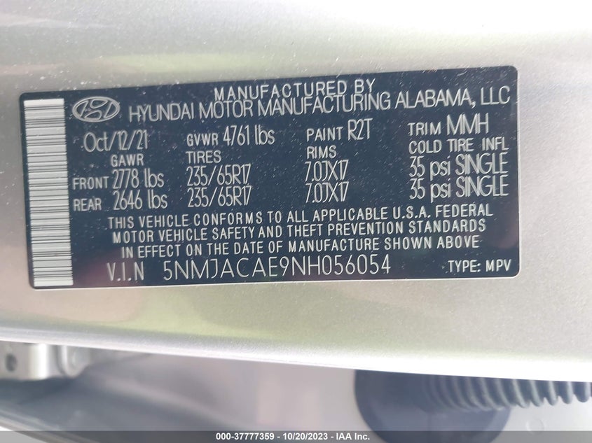 VIN 5NMJACAE9NH056054 2022 HYUNDAI TUCSON SE