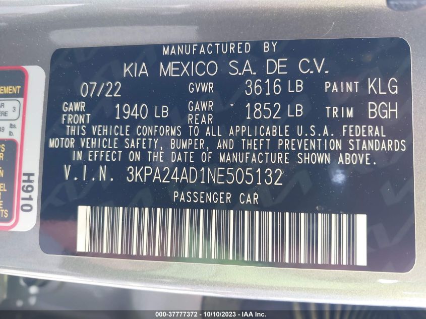 3KPA24AD1NE505132 Kia Rio S 9