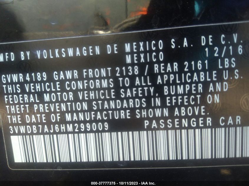 2017 VOLKSWAGEN JETTA 1.4T SE - 3VWDB7AJ6HM299009