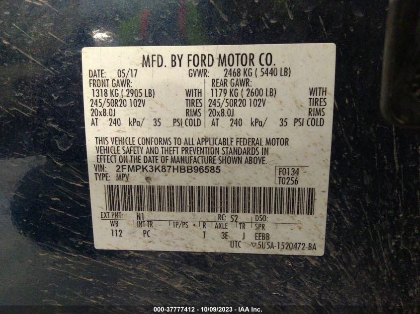 2FMPK3K87HBB96585 2017 FORD EDGE, photo no. 9