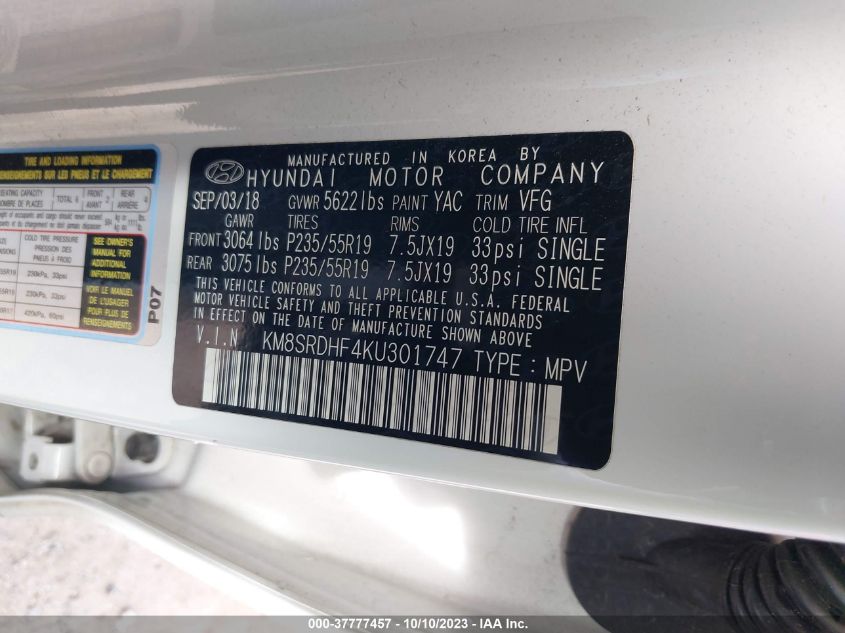 2019 HYUNDAI SANTA FE XL LIMITED ULTIMATE KM8SRDHF4KU301747