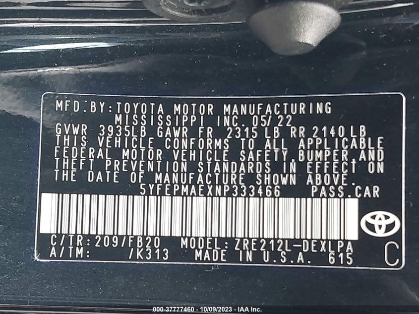 VIN 5YFEPMAEXNP333466 2022 TOYOTA COROLLA LE