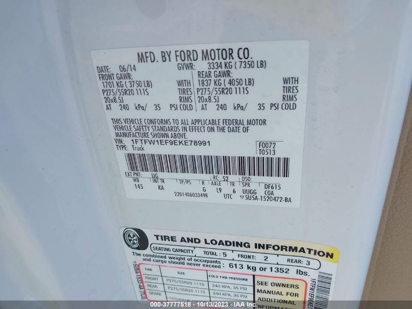 2014 FORD F-150 XL/XLT/STX/FX4/LARIAT - 1FTFW1EF9EKE78991