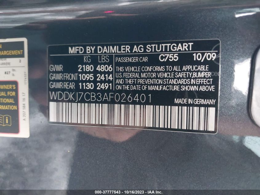 WDDKJ7CB3AF026401 2010 MERCEDES-BENZ E-CLASS, photo no. 9