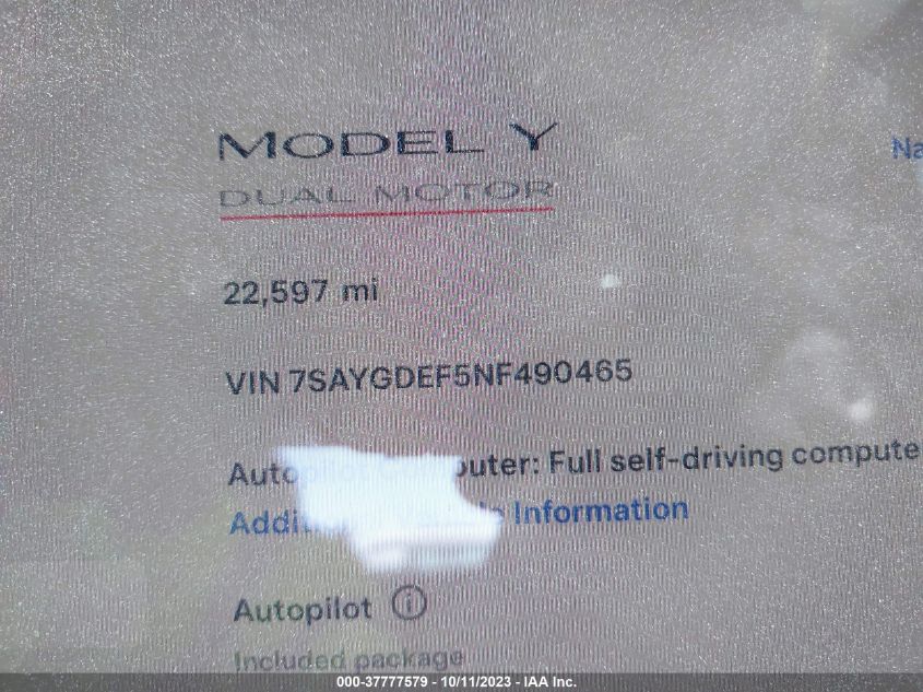 7SAYGDEF5NF490465 Tesla Model Y   15