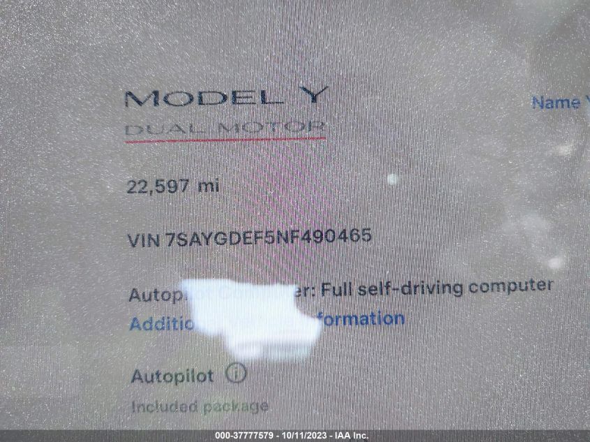 7SAYGDEF5NF490465 Tesla Model Y   7