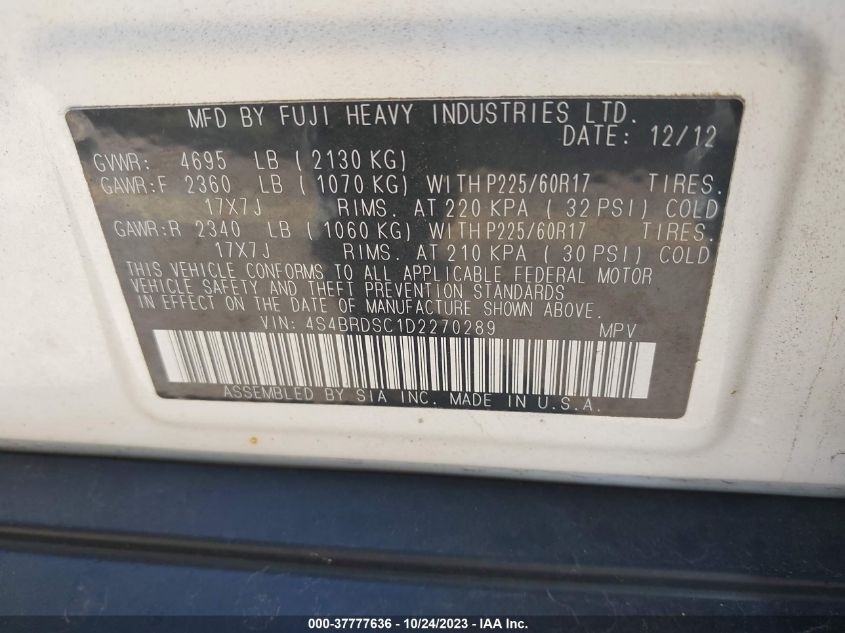 2013 SUBARU OUTBACK 3.6R LIMITED - 4S4BRDSC1D2270289