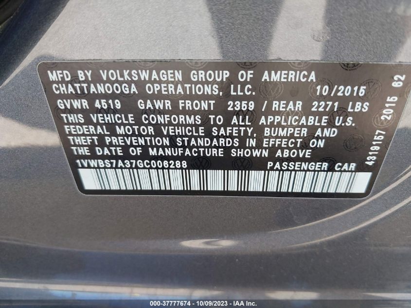 2016 VOLKSWAGEN PASSAT 1.8T SE - 1VWBS7A37GC006288