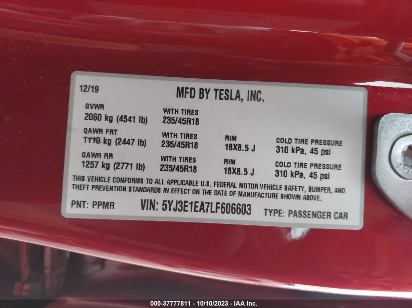 2020 TESLA MODEL 3 - 5YJ3E1EA7LF606603