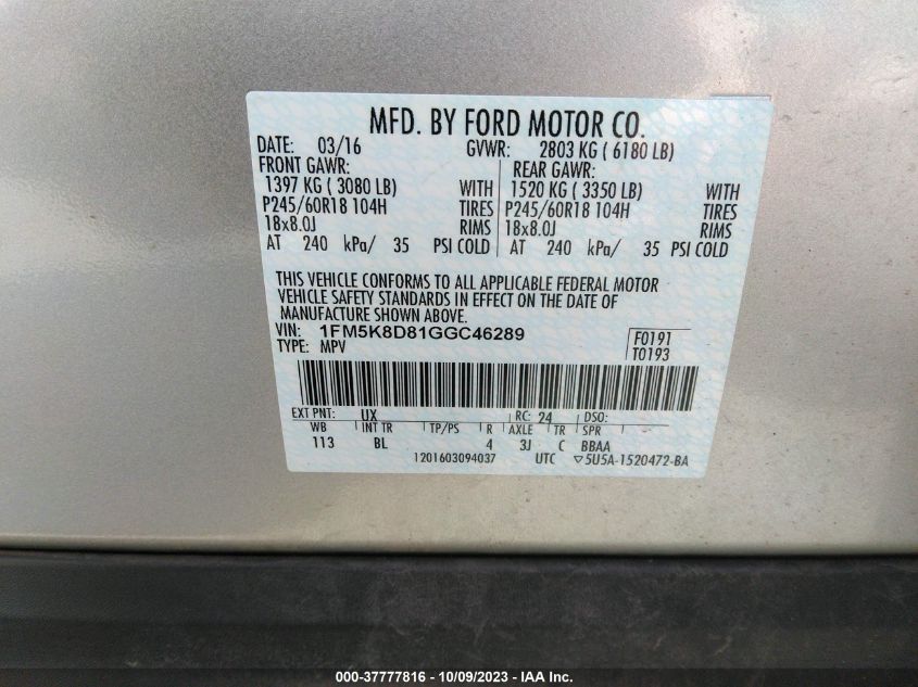 2016 FORD EXPLORER XLT - 1FM5K8D81GGC46289