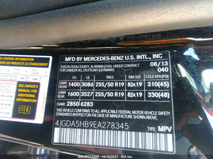 2014 MERCEDES-BENZ M-CLASS ML 350 4JGDA5HB9EA278345