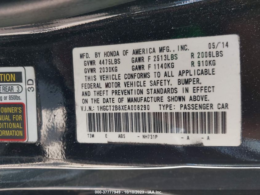 2014 HONDA ACCORD CPE EX-L 1HGCT2B8XEA008290