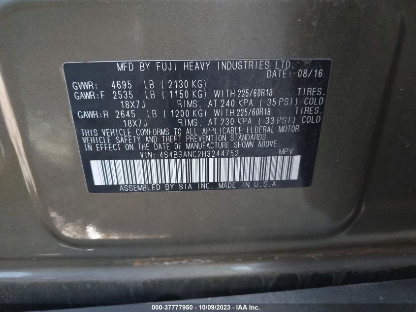 2017 SUBARU OUTBACK LIMITED - 4S4BSANC2H3244752