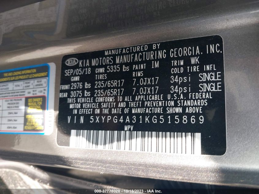 2019 KIA SORENTO LX - 5XYPG4A31KG515869