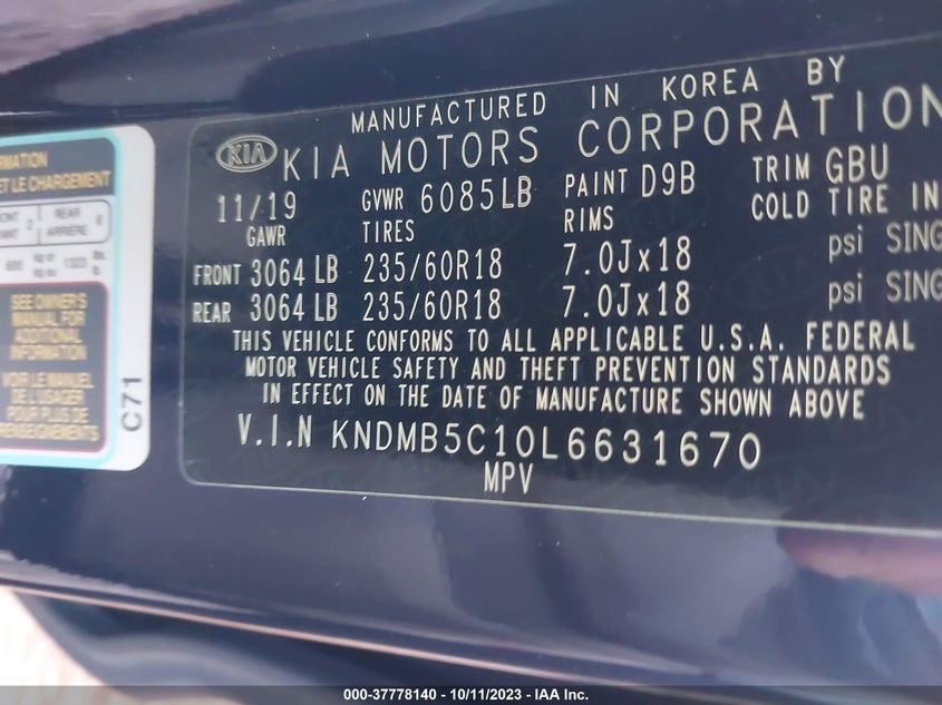VIN KNDMB5C10L6631670 2020 KIA SEDONA EX