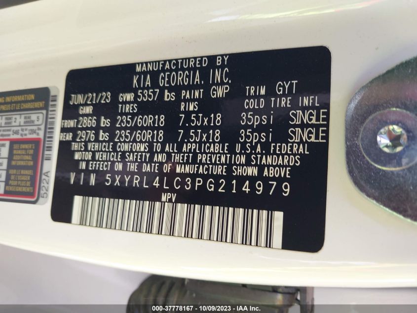VIN 5XYRL4LC3PG214979 2023 KIA SORENTO S