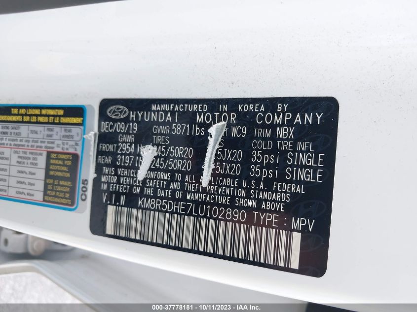 VIN KM8R5DHE7LU102890 2020 HYUNDAI PALISADE no.9