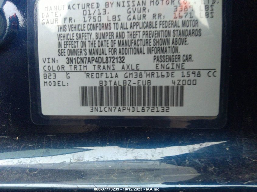 2013 NISSAN VERSA SV - 3N1CN7AP4DL872132