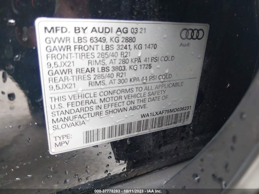 WA1LXAF75MD036231 2021 AUDI Q7, photo no. 9