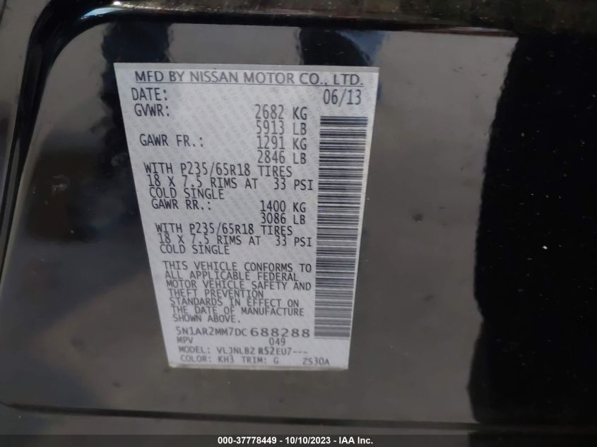 2013 NISSAN PATHFINDER S - 5N1AR2MM7DC688288
