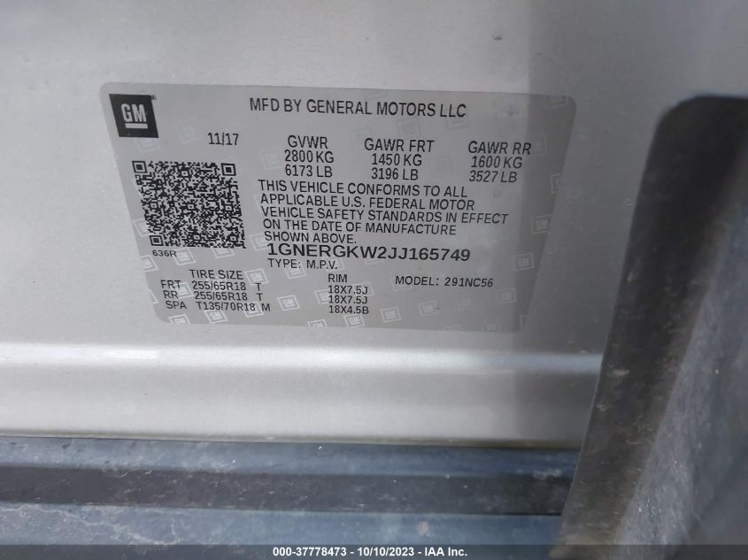 2018 CHEVROLET TRAVERSE LT - 1GNERGKW2JJ165749