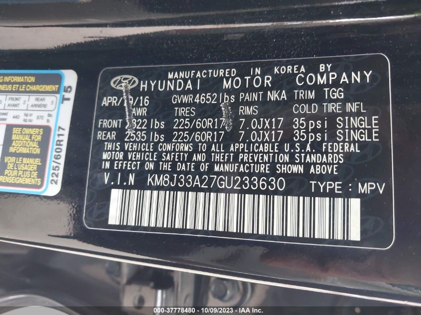 2016 HYUNDAI TUCSON ECO - KM8J33A27GU233630
