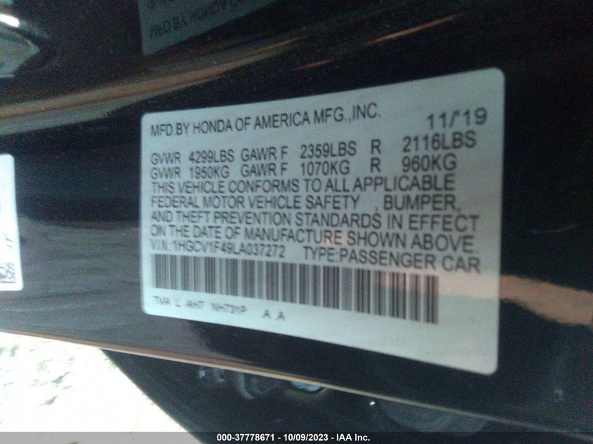 VIN 1HGCV1F49LA037272 2020 HONDA ACCORD SEDAN EX