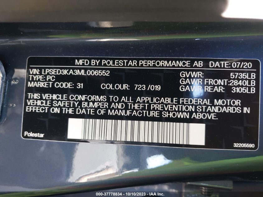 VIN LPSED3KA3ML006552 2021 POLESTAR 2