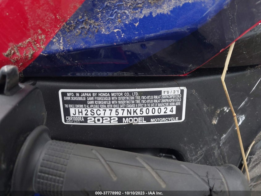 VIN JH2SC7757NK500024 2022 HONDA CBR1000 RA
