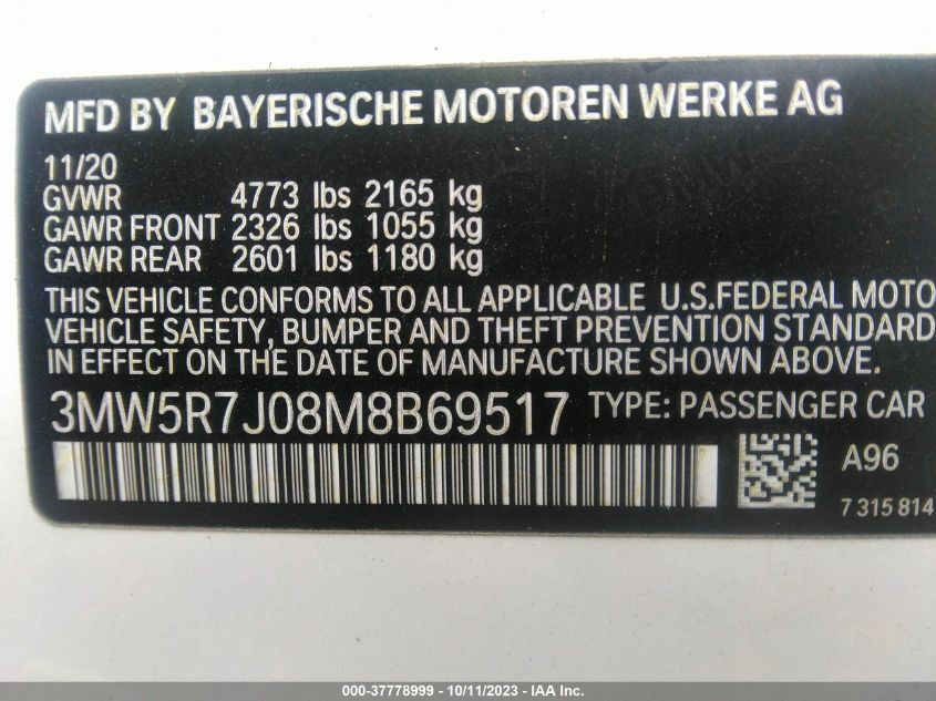 2021 BMW 330I XDRIVE 3MW5R7J08M8B69517