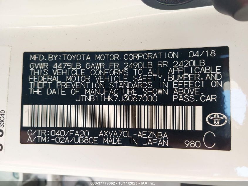 2018 TOYOTA CAMRY LE/SE/XLE/L - JTNB11HK7J3067000