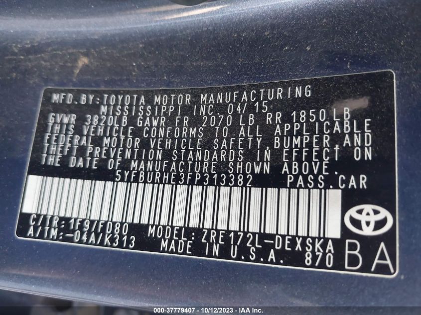 2015 TOYOTA COROLLA L/LE/S/S PLUS/LE PLUS - 5YFBURHE3FP313382