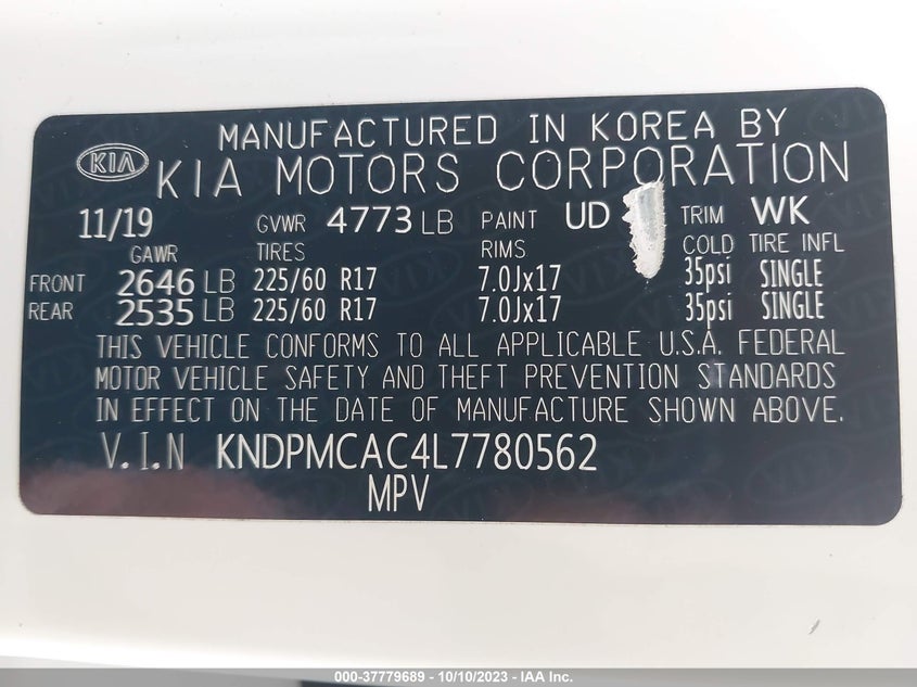 VIN KNDPMCAC4L7780562 2020 KIA SPORTAGE LX