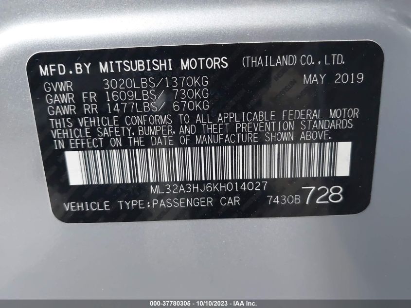 VIN ML32A3HJ6KH014027 2019 MITSUBISHI MIRAGE no.9