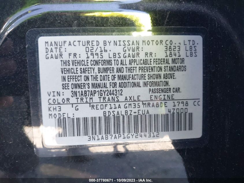 2016 NISSAN SENTRA S - 3N1AB7AP1GY244312