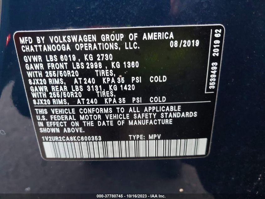 2019 VOLKSWAGEN ATLAS 3.6L V6 SE W/TECHNOLOGY - 1V2UR2CA8KC600353