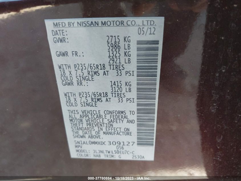 2013 INFINITI JX35 - 5N1AL0MMXDC309127