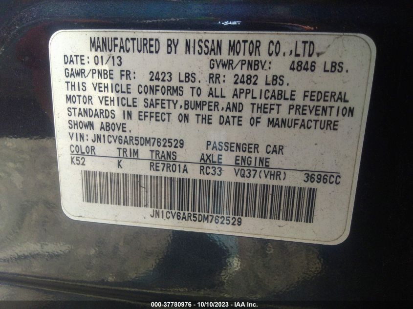 2013 INFINITI G37 SEDAN X JN1CV6AR5DM762529