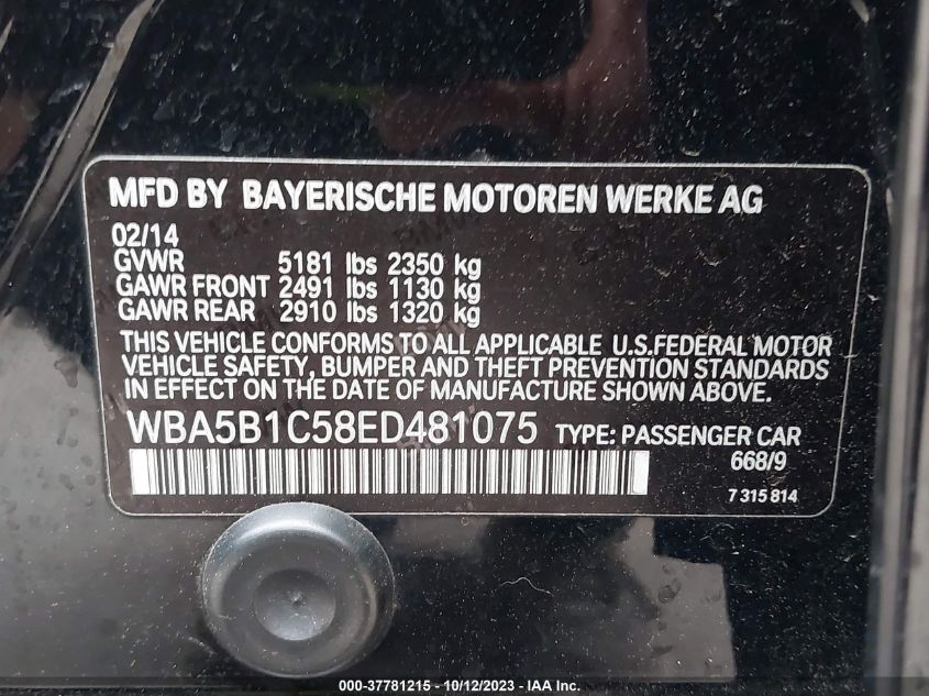 2014 BMW 5 SERIES 535I - WBA5B1C58ED481075