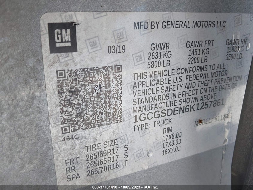 VIN 1GCGSDEN6K1257861 2019 CHEVROLET COLORADO 2WD Z71
