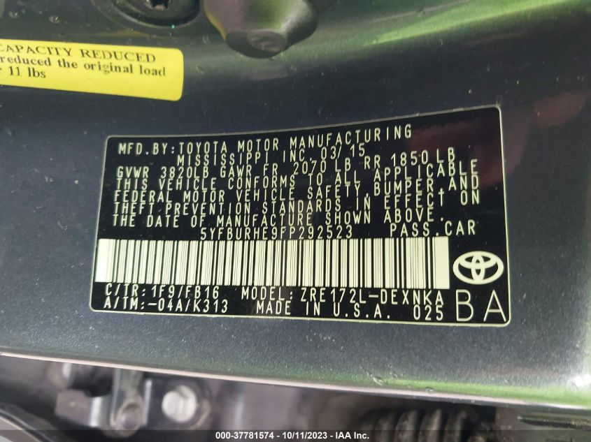 2015 TOYOTA COROLLA L/LE/S/S PLUS/LE PLUS - 5YFBURHE9FP292523