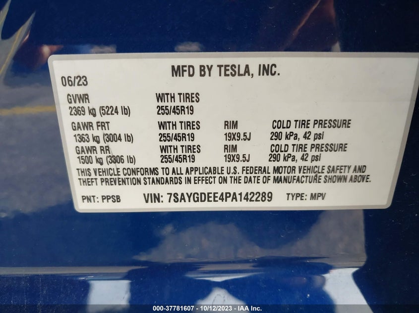 VIN 7SAYGDEE4PA142289 2023 TESLA MODEL Y LONG RANGE