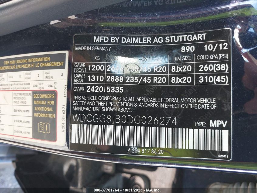 2013 MERCEDES-BENZ GLK 350 WDCGG8JB0DG026274
