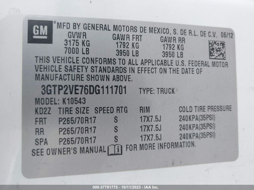 2013 GMC SIERRA 1500 SLE - 3GTP2VE76DG111701