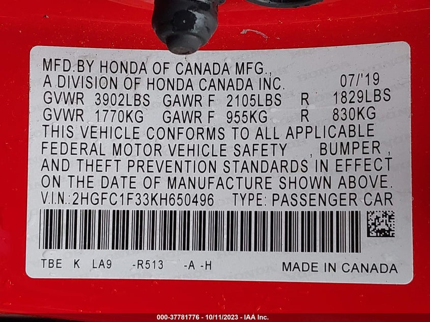 VIN 2HGFC1F33KH650496 2019 HONDA CIVIC SEDAN EX