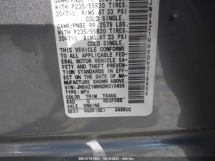 2013 NISSAN MURANO S/SV/SL/LE - JN8AZ1MW6DW319456