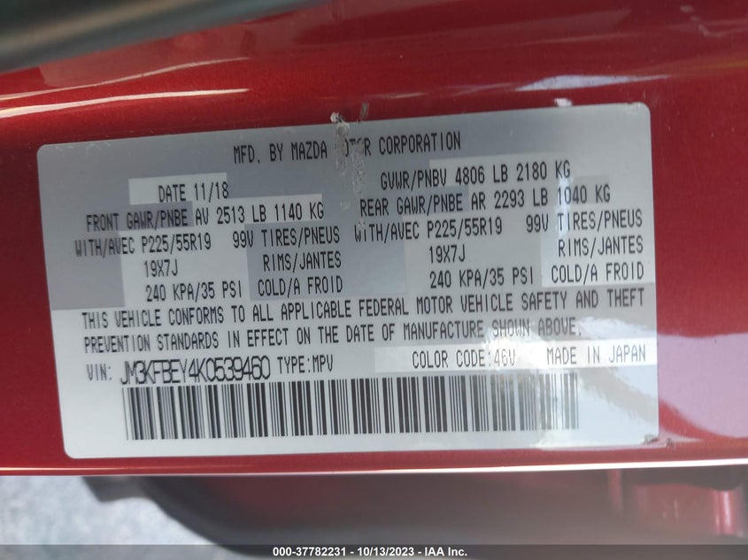 VIN JM3KFBEY4K0539460 2019 MAZDA CX-5 SIGNATURE