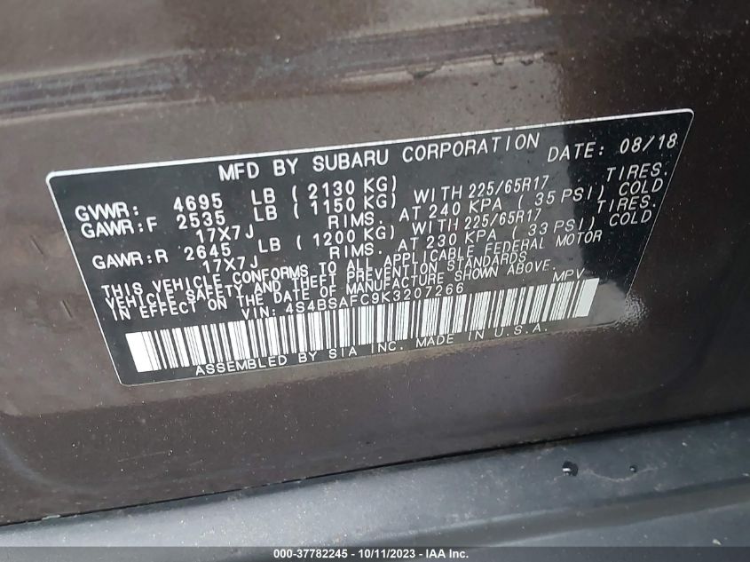 2019 SUBARU OUTBACK - 4S4BSAFD9K3207266